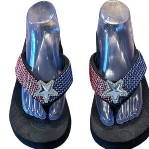 Montana West Women’s Size 12 Patriotic Bejewled  Flip Flops Blue and Red w/ Star